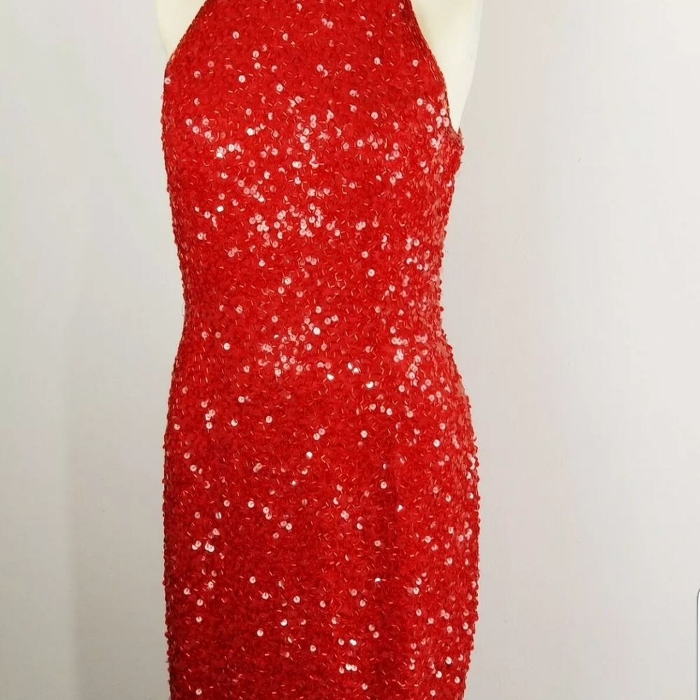 SOLD Vintage Red Oleg Cassini Black Tie Dress - Picture 4 of 8